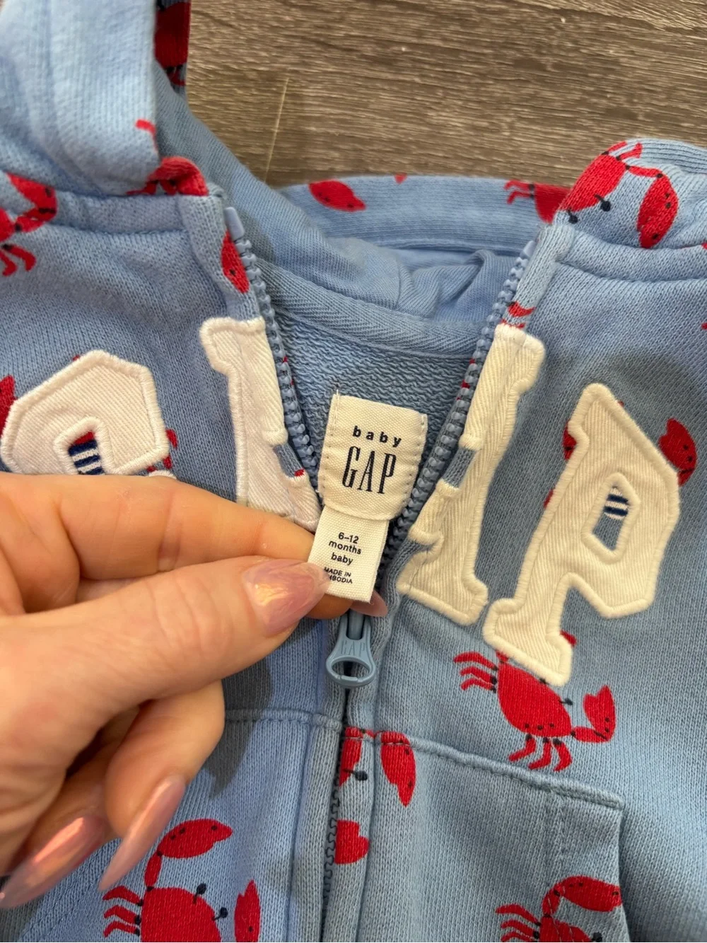 Baby Gap Light Blue Red Crab Print Logo Zip Hoodie Infant 6-12 Month New England